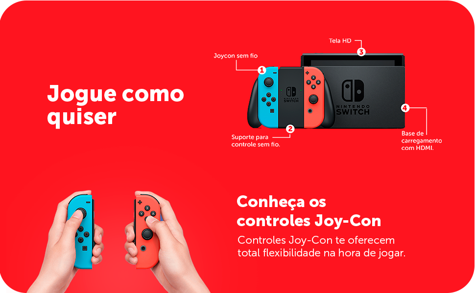 Console Nintendo Switch V2 com 1 Controle Joy-Con vermelho e Azul